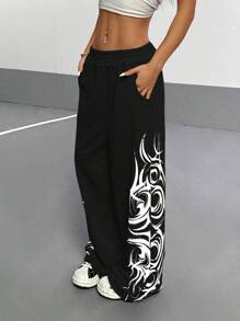 StreetHx Women Gothic Graffiti Floral Print Loose Straight Leg Casual Sweatpants Graduation,Back To School Outfits,Graduation,Teacher Outfits For Women,Back To School