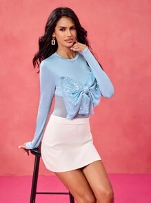 Daniela Ricciardelli Designer Women's Blue Sequin Bow Decorated Mesh See-Through Sexy Long-Sleeve Top Spring & Summer, Going Out, Festival - Blue - View 5
