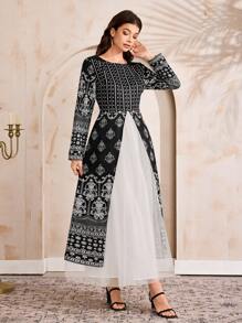 Al Najma 女士花卉印花长袖优雅阿拉伯风格连衣裙