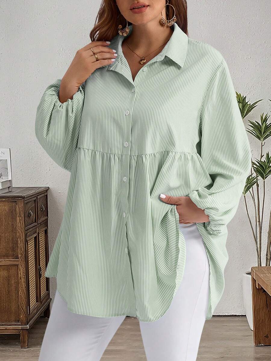 EMERY ROSE 大码冬季女式休闲条纹灯笼袖衬衫，度假风，波西米亚风，夏季女装 - 綠色 - 查看 1