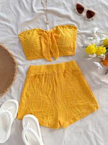 Soleia Bộ 2 món áo crop top buộc dây và quần short cạp cao đi nghỉ, vải có họa tiết, thích hợp cho kỳ nghỉ, lễ hội âm nhạc, phong cách Bohemian, ngày lễ, trà chiều ngày lễ tình nhân - Màu vàng - Xem 3