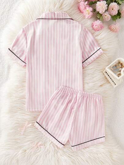 Elladie kids Tween Girl Classic Striped Satin-Like Shirt With Buttons, Embroidered Bowknot Pocket Short Sleeve Top And Striped Black Trimmed Shorts 2 Pieces Pajama Set,Summer,Travel