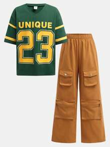 SHEIN Tween Girls Casual Loose Sports Letter Graphic V-Neck Short Sleeve Tee And Cargo Pants 2 Pieces Set - Multicolor - View 7