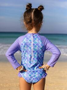 Traje de baño de una pieza con mangas largas con volantes y estampado de escamas de sirena para niñas, para playa de verano - Multicolor - Ver 2