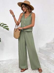 SHEIN Frenchy 2pcs Set Women Solid Color Button Design Camisole And Pants, Solid,Textured Fabrics, Spring/Summer,Sleeveless Tank Top And Loose Trousers Two-Piece Set,Green