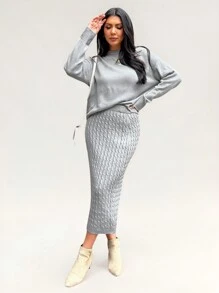 SHEIN LUNE Bộ đồ nữ 2 món: Áo và chân váy dệt kim màu xám, bộ đồ mùa đông. - Xám - Xem 1