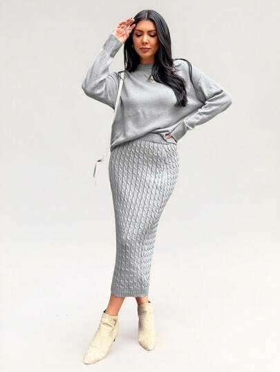 SHEIN LUNE Conjunto de 2 piezas para mujer: blusa de punto gris y minifalda