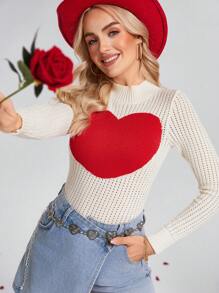 SHEIN LUNE High Neck Colorblock Heart Pattern Loose Knit Sweater, Casual & Comfortable, Suitable For All Seasons,Valentine's Day,Heart Sweater,Western Wear Women
