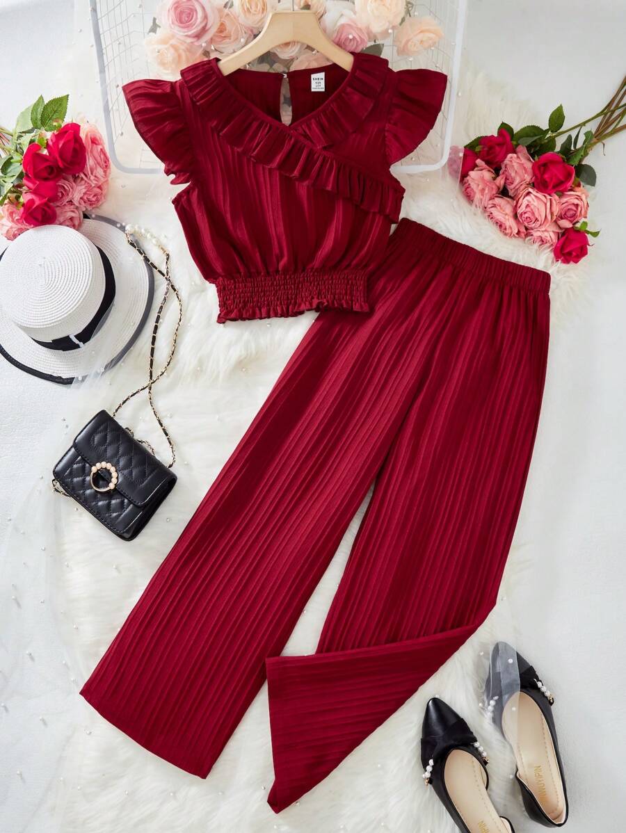 Sparklyn 2pcs/Set Tween Girl Textured Jacquard V Neck Flounce Sleeve Crop Top And Elastic Waist Pants, Casual Vacation Set For Spring & Summer,Holiday,Summer,Travel - Burgundy - View 1