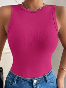 SHEIN VCAY Plus Size Solid Color Round Neck Sleeveless Casual Tank Top - Hot Pink - View 5
