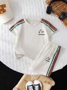 SHEIN Leap Crew Baby Boys Letter & Striped Pattern Crew Neck Raglan Sweatshirt And Elastic Waist Shorts 2 Pieces Outfit Set - Khaki - View 5