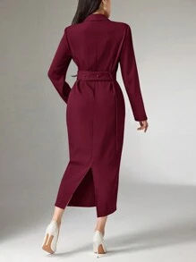 Heiryn 女士纯色缺口领长袖修身优雅连衣裙 - 酒紅色 - 查看 2