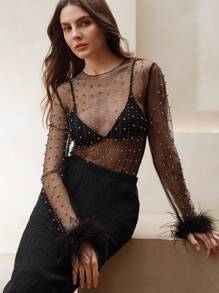 Anewsta Top blanc moelleux en maille ajourée et strass pour femmes