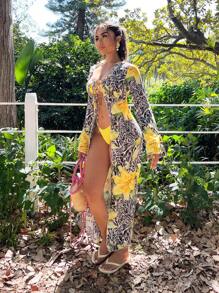 SHEIN SXY Front Lace-Up Long Sleeve Casual Sexy Animal Print Ruffle Trim Blouse - Multicolor - View 5