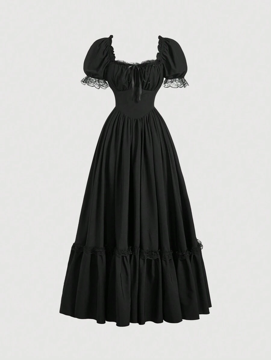 SHEIN MOD White Maxi Lace Ruffled Victorian Vintage Maxi Dress, Party Dress, Prom Dress, Exquisite Craftsmanship - Black - View 1