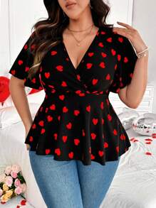 Flirla 大码波西米亚风 V 领荷叶边袖荷叶边短袖红色心形腰部修身优雅性感情人节女式 T 恤，带有情人节、玫瑰、心形、波尔卡圆点、爱心、嘴唇、丘比特和 171D 花朵图案，适合夏季 - 黑色 - 查看 3