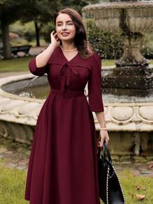 Vintamour 复古优雅女式中长连衣裙，夏秋季修身蝴蝶结腰泡泡袖连衣裙，卡其色感恩节女装秋季服装优雅女装蝴蝶结连衣裙情人节情人节服装女士连衣裙优雅教堂服装女士红色连衣裙优雅 - 酒紅色 - 查看 3