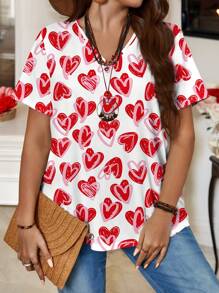 SHEIN Essnce Plus Size Women Heart Print Casual Loose Short Sleeve T-Shirt, Suitable For Summer - White - View 4