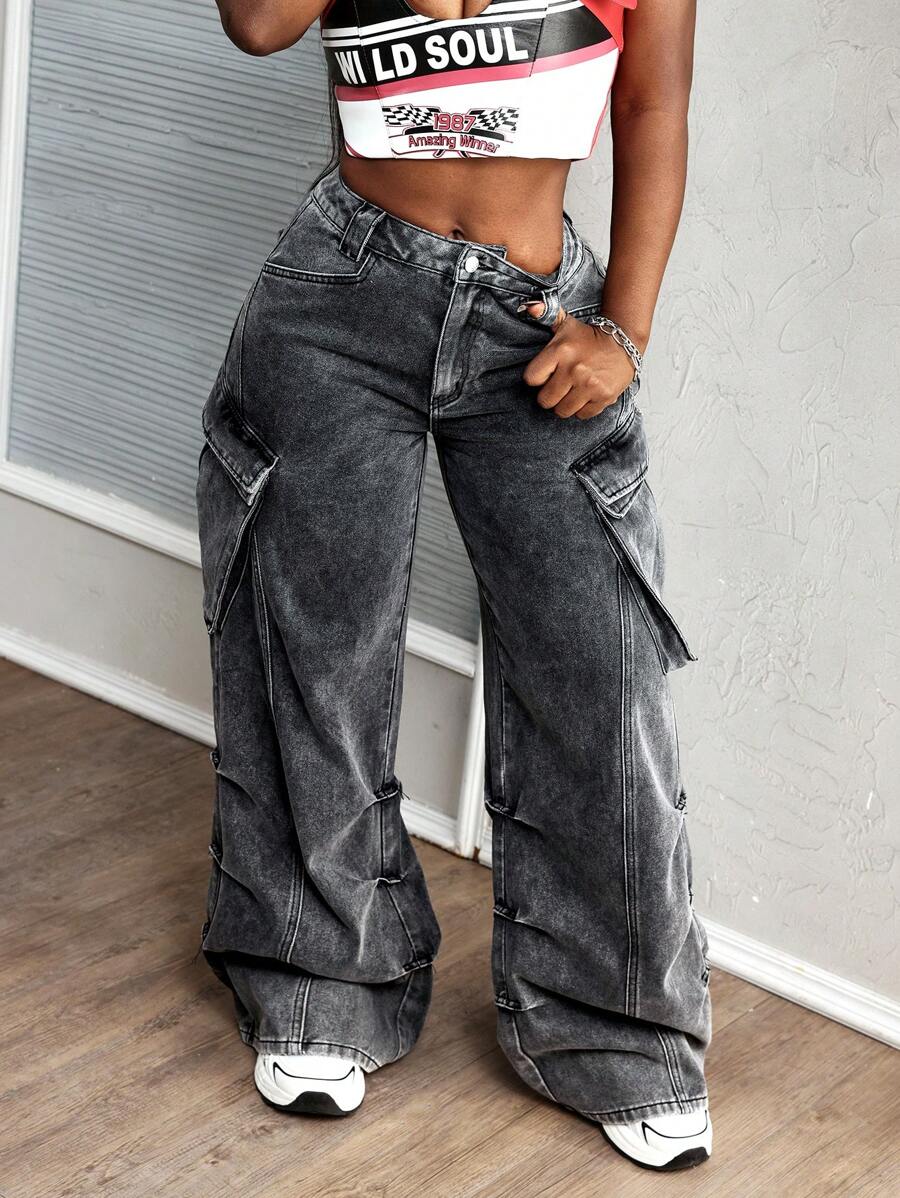SHEIN Slayr Women's Street Style Utility Cargo Straight Leg Denim Jeans