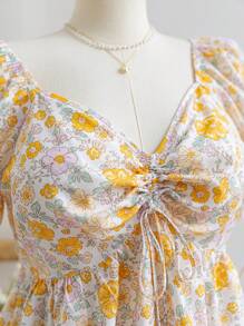 Soleia 大码女式波西米亚风春季黄色碎花甜心领泡泡袖褶皱腰 A 字衬衫，适合夏季 - 彩色 - 查看 6