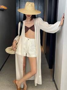 DAZY 宽松纯色长袖透明休闲夏季假日女式衬衫 - 白色 - 查看 5