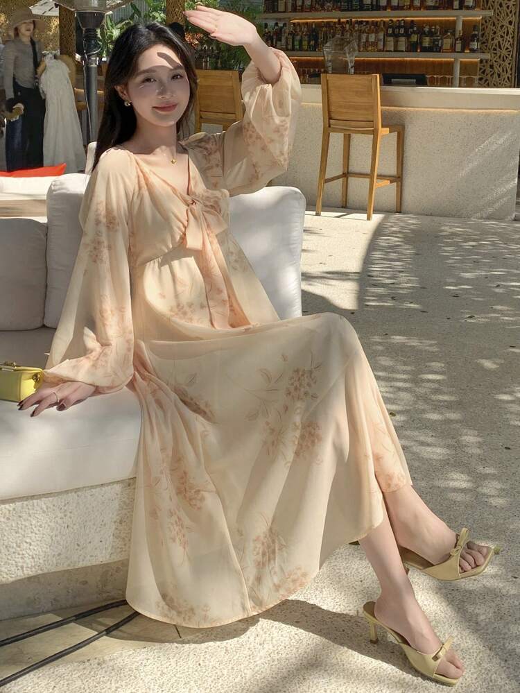 Women Cinched Waist Floral Print Midi Dress,Fall Dress Long Sleeve Dress