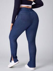 SHEIN Essnce Pantalones largos extra de mezclilla con estiramiento y abertura en el bajo, efecto estilizante, talla grande para mujer - Azul - Ver 9