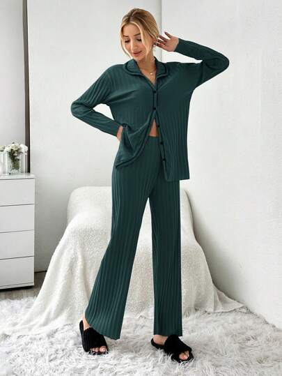 RueChic Long Sleeve Contrast Stitching Ribbed Pajama Set Cardigan view 4