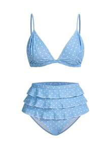 Swim Mod Bộ đồ bơi bikini chấm bi mini viền bèo nhún dễ thương cho nữ, dành cho kỳ nghỉ hè ở bãi biển - Màu xanh lam - Xem 1