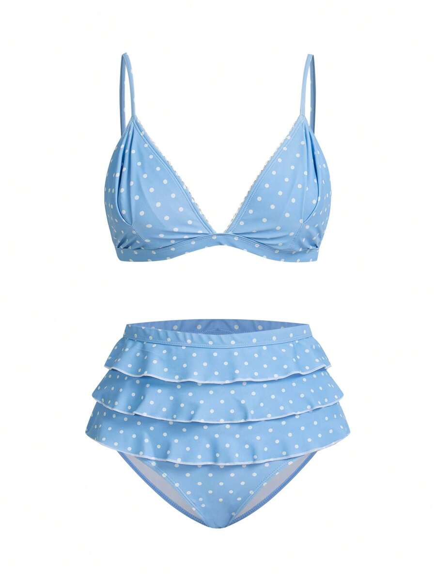 Swim Mod Bộ đồ bơi bikini chấm bi mini viền bèo nhún dễ thương cho nữ, dành cho kỳ nghỉ hè ở bãi biển - Màu xanh lam - Xem 1