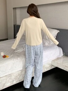 DAZY Knitted Top & Loose Ditsy Floral Pajama Pants 2 Pieces Sleep Set - Apricot - View 2