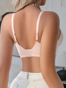 1pc Casual-Comfy Seamless Mesh Patchwork Solid Color Ruffled Adjustable Wireless Removable Padded Bra - Baby Pink - View 4