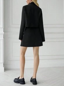 2pcs Women Business Casual Black Pencil Skirt & Blazer Suit Set, Fall/Winter - Black - View 2