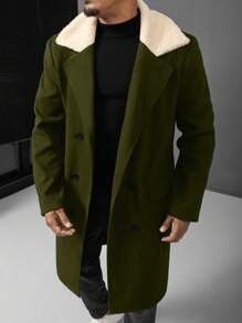 Manfinity Homme Plus Size Men's Solid Color Patchwork Front Button Casual Overcoat, Fall/Winter - Army Green - View 3