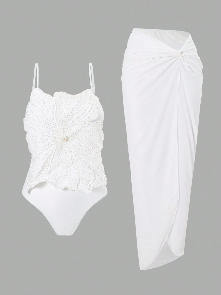 Swim Oasis Summer 2pcs Women Elegant White High-End Textured Floral Applique Long Split Maxi Beachwear Skirt & One-Piece Swimsuit