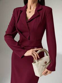 Heiryn 女士纯色缺口领长袖修身优雅连衣裙 - 酒紅色 - 查看 5