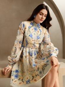 Anewsta 春夏新款女式花卉印花泡泡袖立领短袖波西米亚风花卉连衣裙 - 彩色 - 查看 1