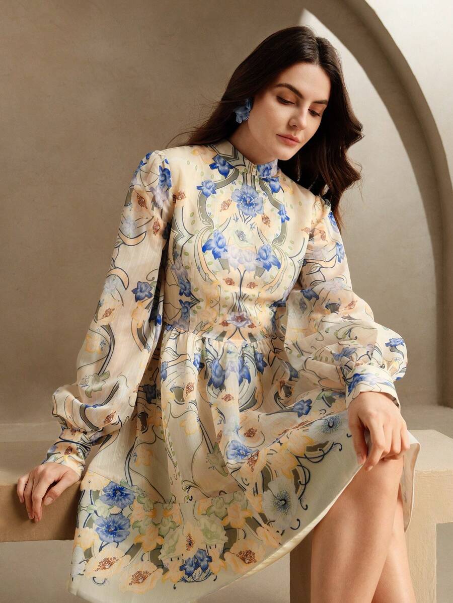 Anewsta 春夏新款女式花卉印花泡泡袖立领短袖波西米亚风花卉连衣裙 - 彩色 - 查看 1