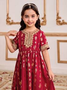 Young Girl Round Neck Short Sleeve Simple Elegant Dress - White - View 6