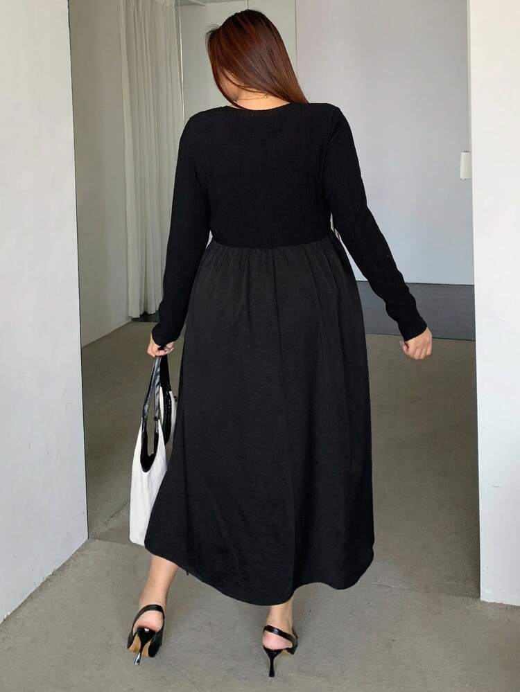 Dazy Petite Plus Long Sleeve Dress With Fabric Patchwork, Round Neck, Waist Cinched, Black, Spring Autumn