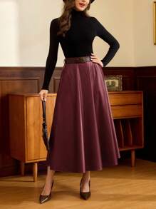 Vintamour Gonna lunga a vita alta in pelle PU stile vintage elegante con tasche, gonna ampia casual/da lavoro, adatta per autunno/inverno, Ringraziamento, Natale, Capodanno e altre occasioni festive - Bordò - Visualizzare 6