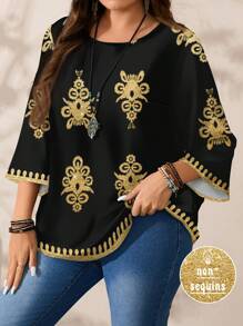 EMERY ROSE Plus Size Women Floral Print Casual Loose Fit Round Neck 3/4 Sleeve Blouse, Autumn/Winter