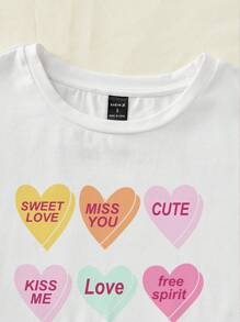 SHEIN EZwear Áo thun tay ngắn cổ tròn rộng rãi họa tiết trái tim nhiều màu sắc dễ thương dành cho mẹ và con gái ngày lễ tình nhân, phù hợp cho mùa hè - trắng - Xem 4