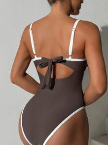 GENKIRA 夏季 1 件棕色纯色连体泳衣，柔软衬垫钢圈，高开叉裤腿，可拆卸肩带连体泳衣 - 棕色 - 查看 5