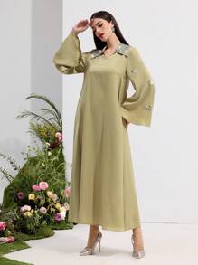 Al Najma 女式长袖水钻装饰简约休闲阿拉伯风格连衣裙，阿拉伯连衣裙，端庄 - 綠色 - 查看 6