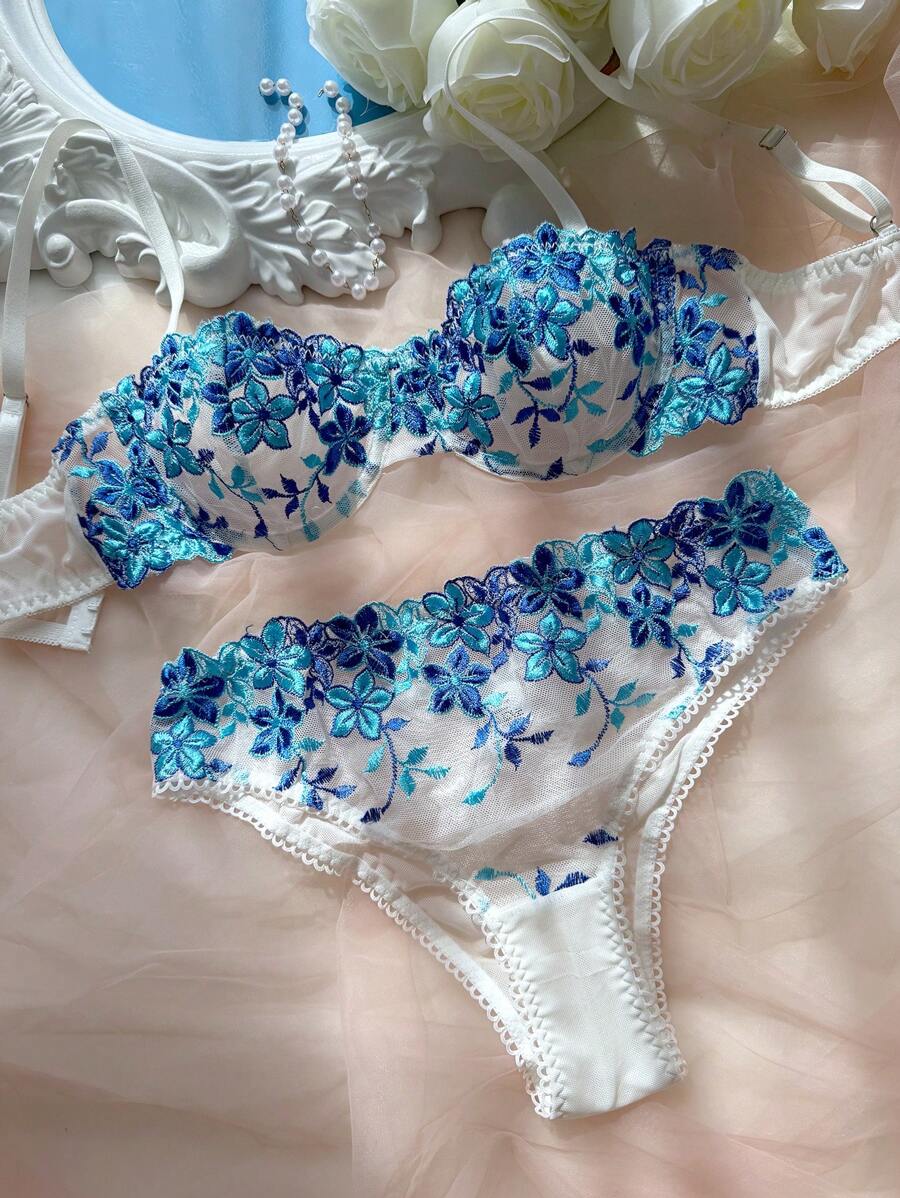 2件套花卉刺绣拼布休闲性感内衣套装 - 藍色 - 查看 1