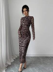 Elenzga 女士优雅豹纹网眼褶皱紧身连衣裙 - 彩色 - 查看 6