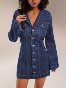 Forever 21 秋冬新款翻领收腰水洗 A 字长袖牛仔夹克连衣裙 - 藍色 - 查看 6