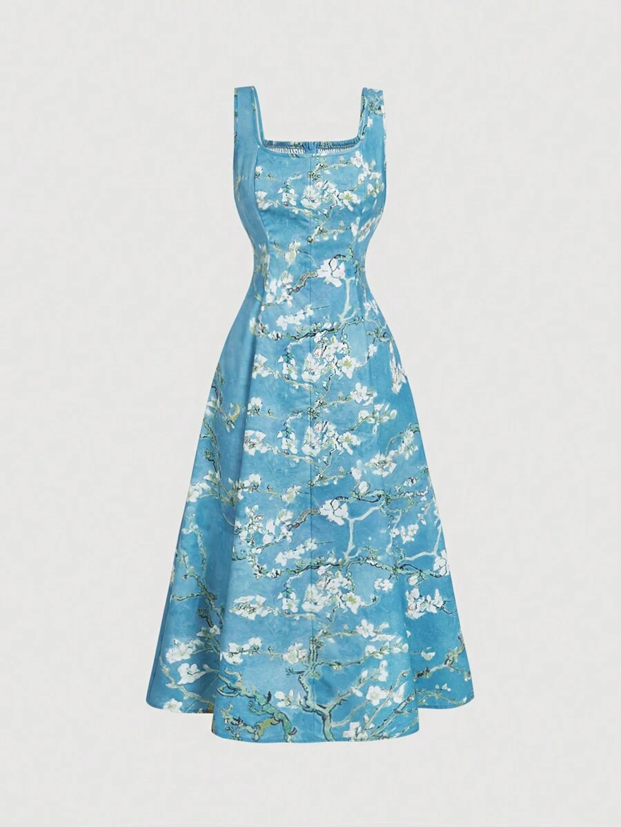 SHEIN MOD 法式复古浪漫杏花满天印花无袖连衣裙