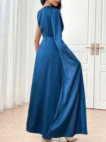 Modelyn 女士纯色不对称荷叶边优雅蓝色连衣裙长款晚礼服